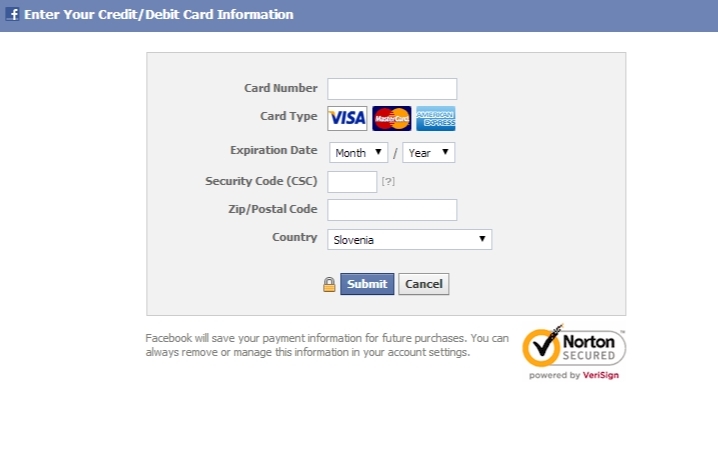 Facebook oglašavanje: Dodavanje kreditne ili debitne kartice